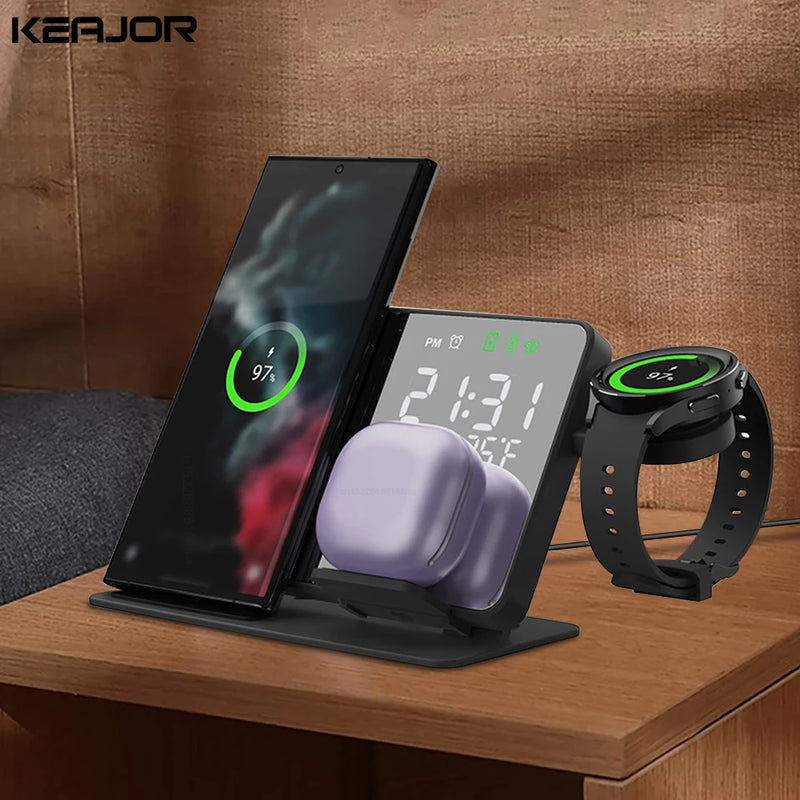 Carregador sem fio para Samsung Galaxy Watch, Estação de carregamento rápido, Despertador, Suporte de carregadores, 6, 5 Pro, S24, S23, S22, 3 em 1