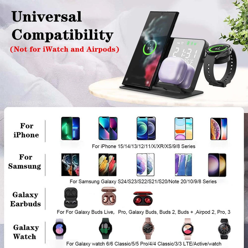 Carregador sem fio para Samsung Galaxy Watch, Estação de carregamento rápido, Despertador, Suporte de carregadores, 6, 5 Pro, S24, S23, S22, 3 em 1